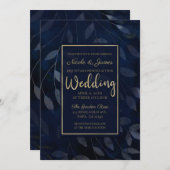 Invitation Feuilles botaniques bleu foncé mariage chic modern (Devant / Derrière)