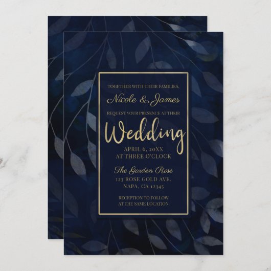 Invitation Feuilles botaniques bleu foncé mariage chic modern (Devant / Derrière)