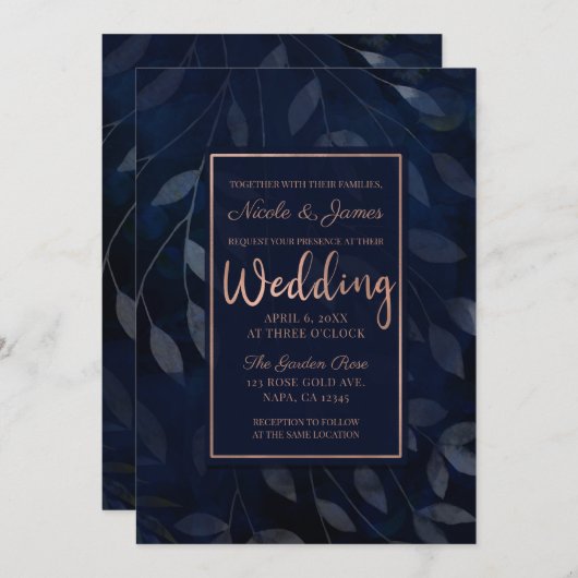 Invitation Feuilles botaniques bleu foncé Mariage moderne ros (Devant / Derrière)