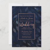 Invitation Feuilles botaniques bleu foncé Mariage rose modern (Devant)