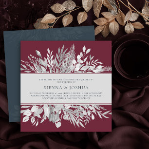 Invitation Feuilles Botaniques Bordeaux Gris Carré Mariage
