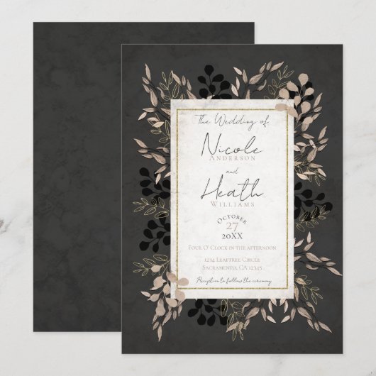 Invitation Feuilles Botaniques Élégantes Gris Rose Doré Maria (Devant / Derrière)