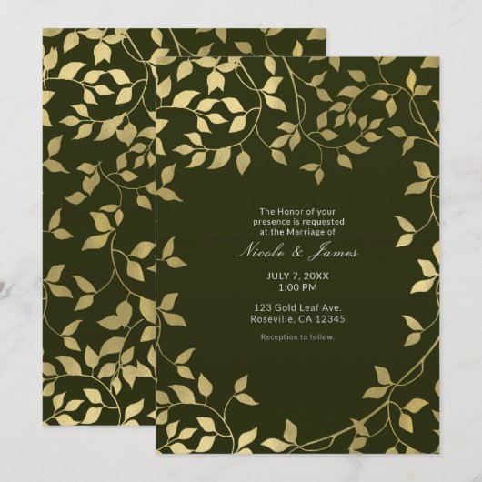 Invitation Feuilles botaniques en feuille de faux or vert et  (Devant / Derrière)