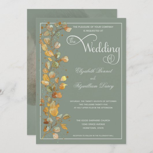 Invitation Feuilles botaniques Jade Photo Monogramme Mariage  (Devant / Derrière)