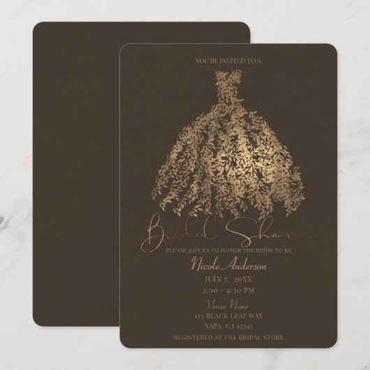 Invitation Feuilles Botaniques Marron Bronze Robe de Shower d (Devant / Derrière)