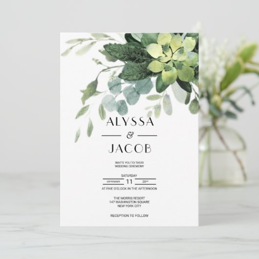 Invitation Feuilles botaniques, succulents et eucalyptus (Debout devant)