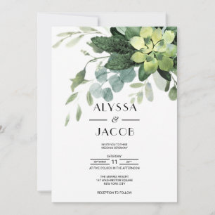 Invitation Feuilles botaniques, succulents et eucalyptus