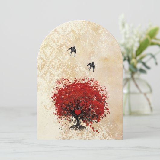 Invitation Feuilles cardiaques Arbre rouge Oiseaux Vintages T (Debout devant)