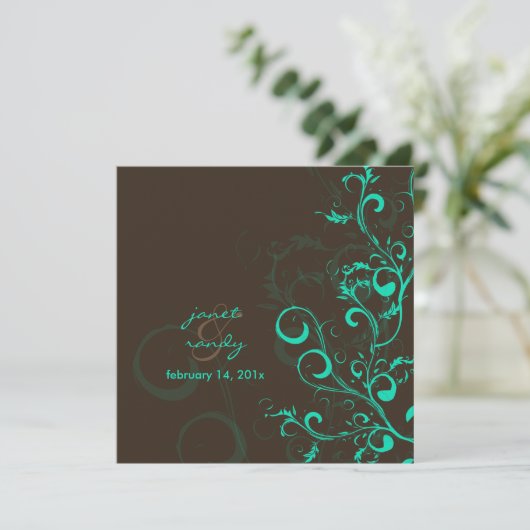 Invitation feuilles/chocolat/turquoise (Debout devant)