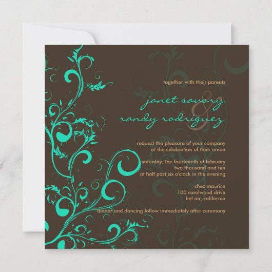 Invitation feuilles/chocolat/turquoise (Dos)