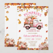 Invitation Feuilles Citrouille roses et piles de Hay Birthday (Devant / Derrière)
