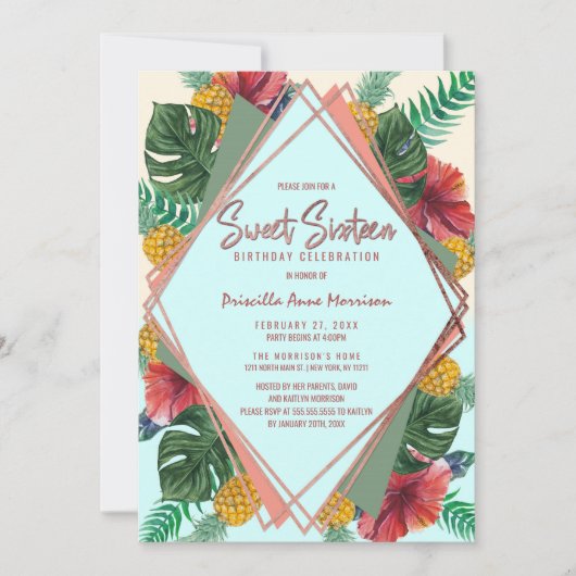 Invitation Feuilles d'ananas tropicaux Floral Sweet 16 (Devant)