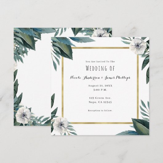 Invitation Feuilles d'anémone Vert Floral & Or Mariage Rustiq (Devant / Derrière)