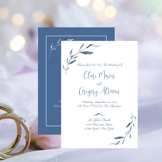 Invitation Feuilles d'aquarelle bleu et blanc avec RSVP