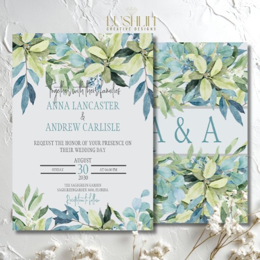 Invitation Feuilles d'aquarelle bleu vert