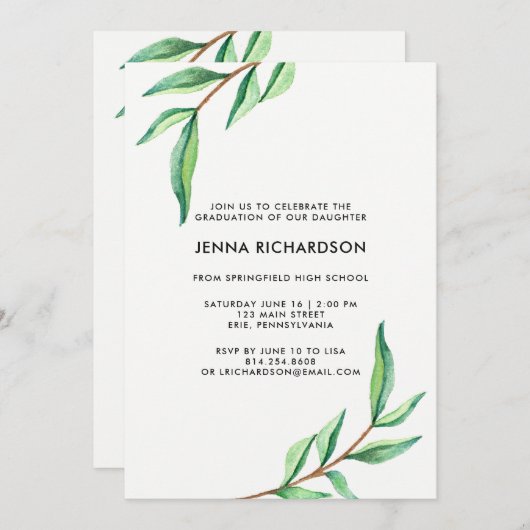 Invitation Feuilles d'aquarelle botanique | Fête de l'obtenti (Devant / Derrière)