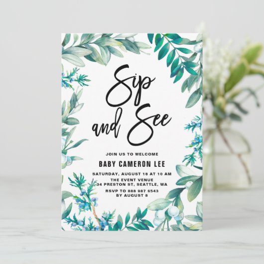 Invitation Feuilles d'aquarelle et Berries Wreath Sip and See (Debout devant)