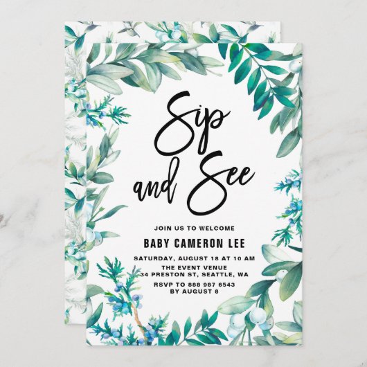 Invitation Feuilles d'aquarelle et Berries Wreath Sip and See (Devant / Derrière)