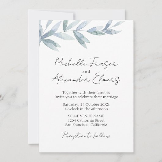 Invitation Feuilles d'aquarelle simple mariage classique élég (Devant)