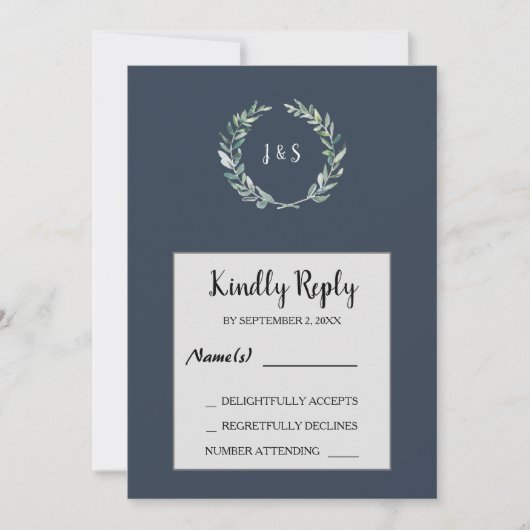 Invitation Feuilles d'aquarelle sur bleu marine monogrammed R (Devant)