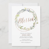 Invitation feuilles d'aquarelle, Vert, or Rose, Baptême (Devant)