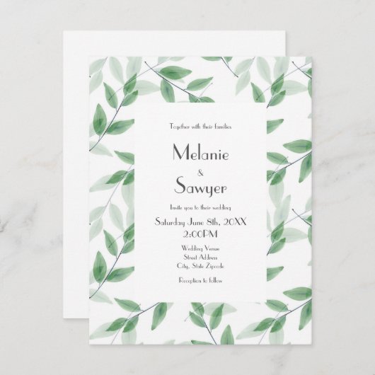 Invitation Feuilles d'aquarelle verte (Devant / Derrière)