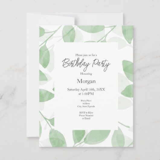 Invitation Feuilles d'aquarelle verte Sage (Devant)