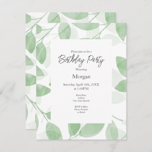 Invitation Feuilles d'aquarelle verte Sage (Devant / Derrière)