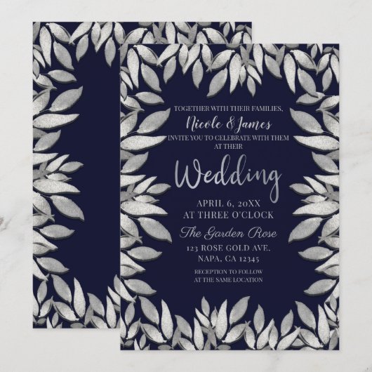 Invitation Feuilles d'Argent Botanique Glam Bleu Mariage (Devant / Derrière)