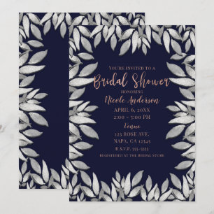 Invitation Feuilles d'Argent Botanique Glam Bleu Rose Mariage