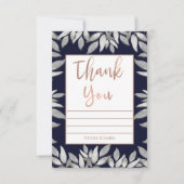 Invitation Feuilles d'argent Glam botanique bleu rose Merci (Devant)