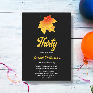 Invitation Feuilles d'automne à l'aquarelle Fleurs noires 30e