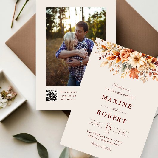 Invitation Feuilles d'automne Automne Botanique Code QR Photo