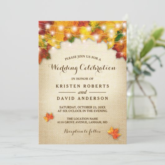 Invitation Feuilles d'automne Burlap String Mariage de automn (Debout devant)