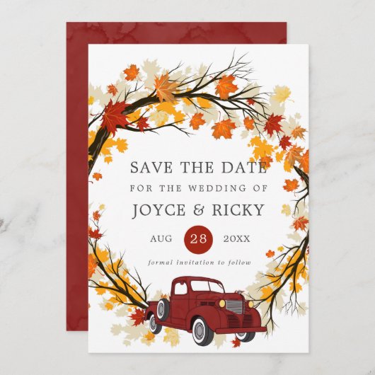 Invitation Feuilles d'automne camionnette vintage Save The Da (Devant / Derrière)