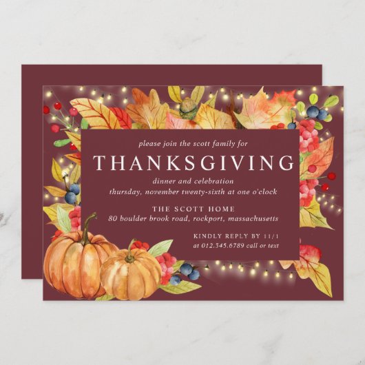 Invitation Feuilles d'automne Citrouille lumières à cordes Th (Devant / Derrière)