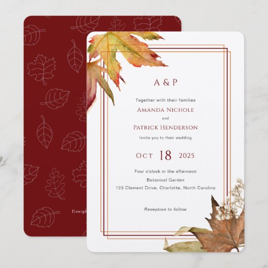 Invitation Feuilles d'automne d'aquarelle moderne, Mariage de (Devant / Derrière)