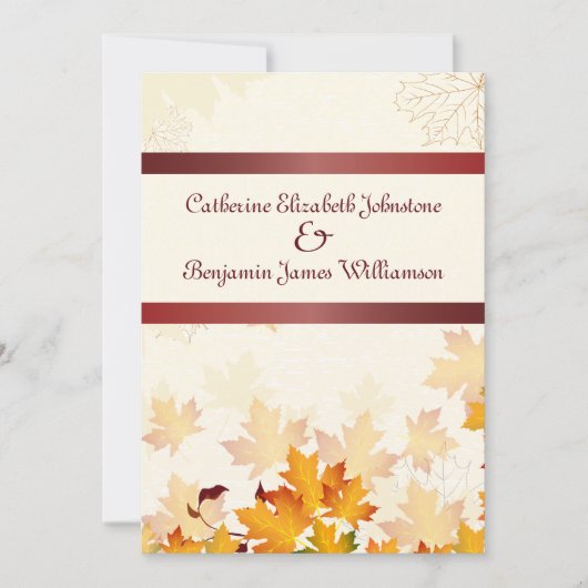 Invitation Feuilles d'automne dorées avec Mariage rouge (Devant)