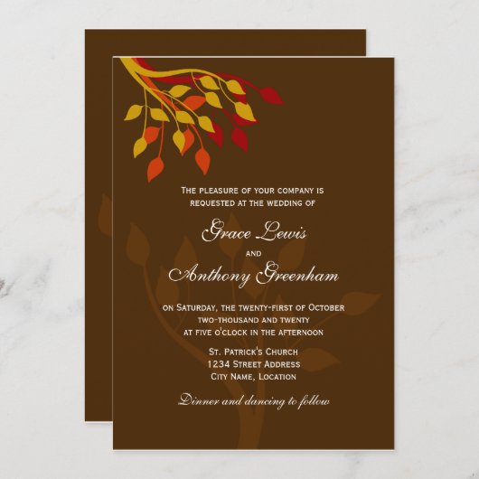 Invitation Feuilles d'automne en or orange rouge (Devant / Derrière)