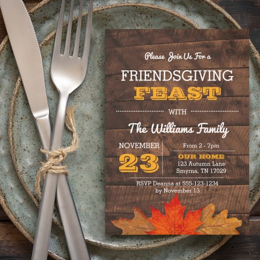 Invitation Feuilles d'automne et bois de Thanksgiving rustiqu