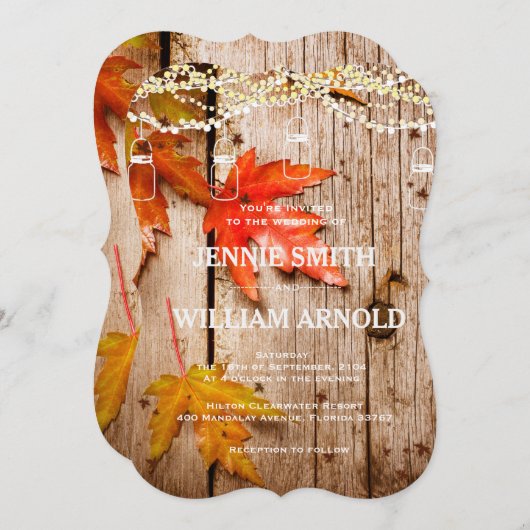 Invitation Feuilles d'automne et lumières Mason Jars Mariage  (Devant / Derrière)