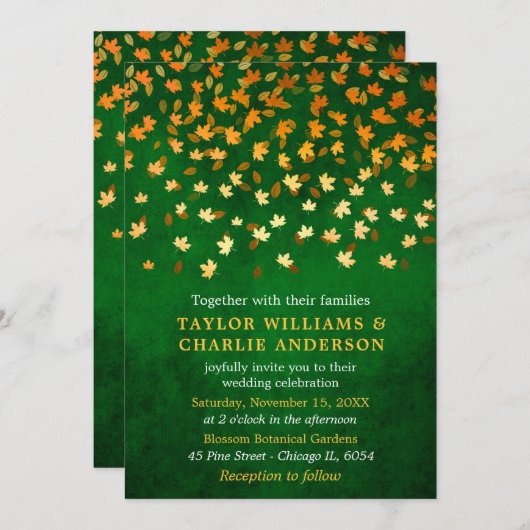 Invitation Feuilles d'automne Grunge Gold et Mariage vert (Devant / Derrière)