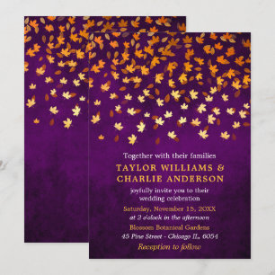 Invitation Feuilles d'automne Grunge Gold et Purple Mariage