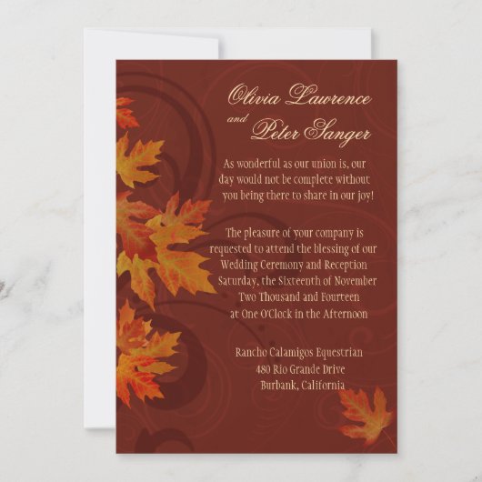 Invitation Feuilles d'automne Mariage de automne brun métalli (Devant)