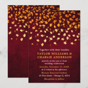 Invitation Feuilles d'automne Mariage Grunge Or et Rouge