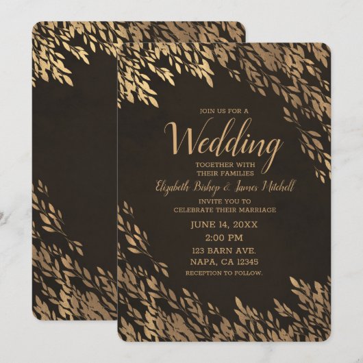 Invitation Feuilles de Bronze Or Marron Chic Rustique Mariage (Devant / Derrière)