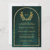Invitation Feuilles de couronnes d'or Emerald Green Mariage (Devant)