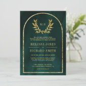 Invitation Feuilles de couronnes d'or Emerald Green Mariage (Debout devant)