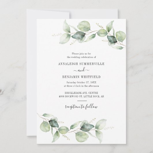 Invitation Feuilles de eucalyptus élégantes pour mariage rust (Devant)