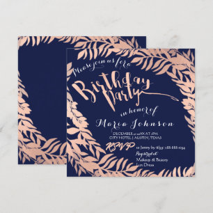 Invitation Feuilles de fête d'anniversaire Wreath bleu marine